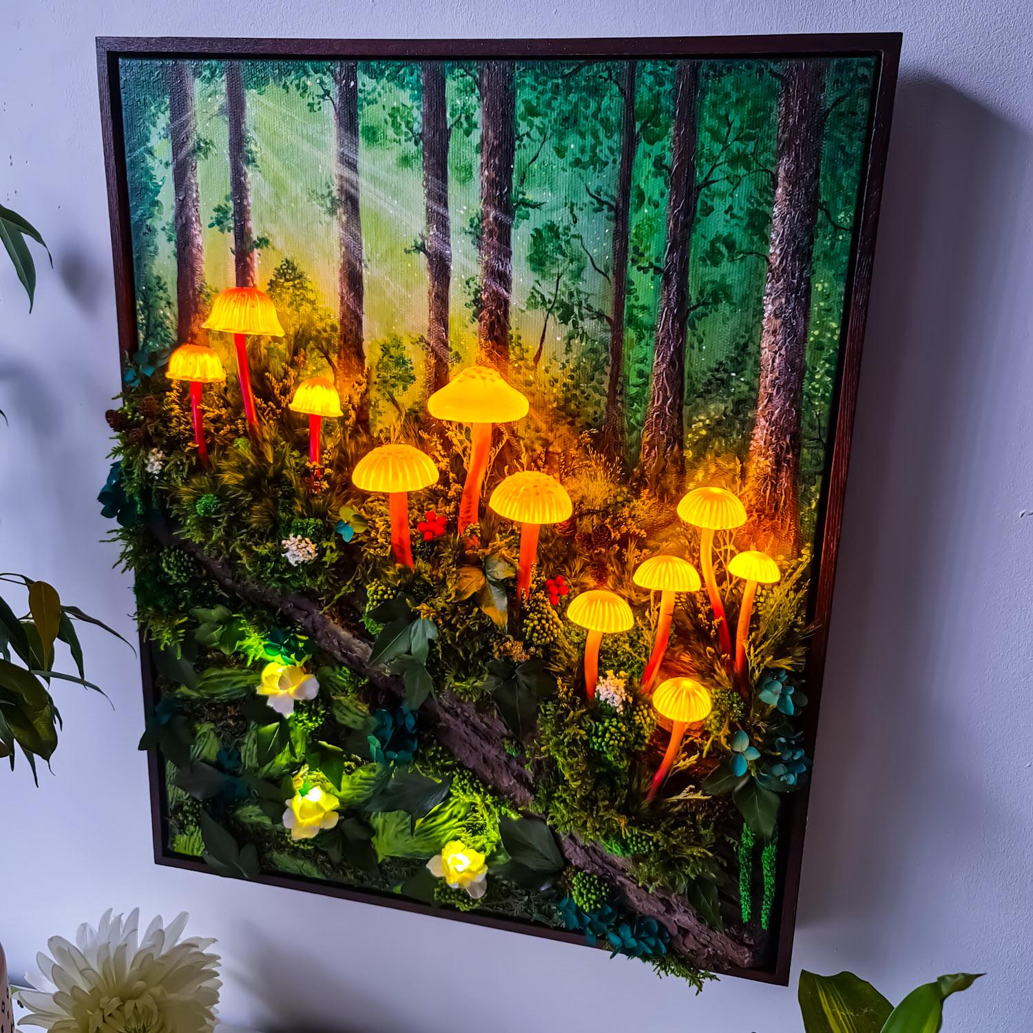 Large 3D LED Forest Art – Enchanted Mushroom Diorama, Wireless USB Charging