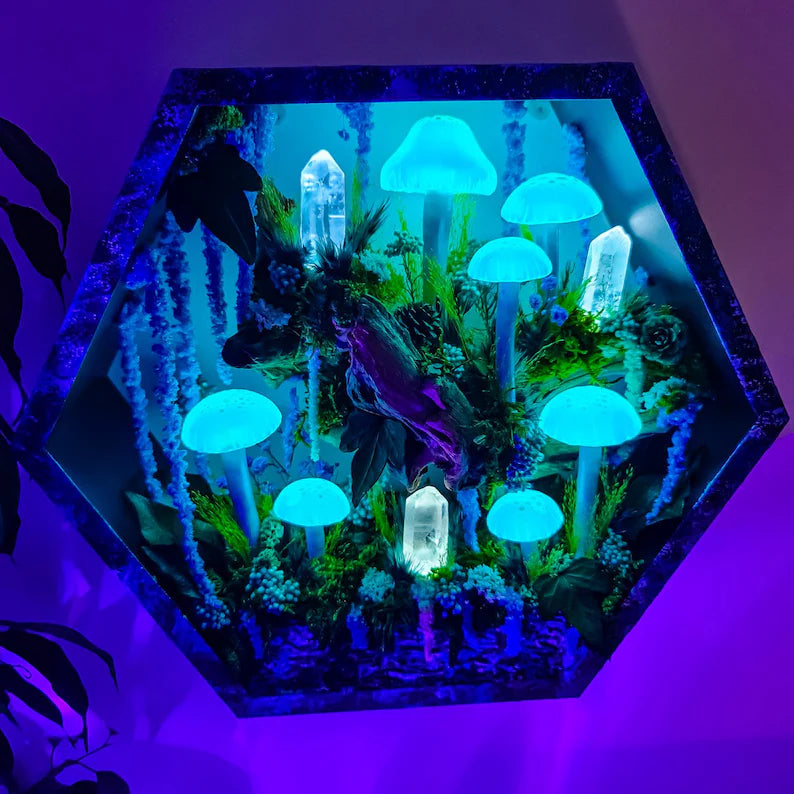 Mushroom Wall Lamp – Magical Moss Diorama, LED Glow Light